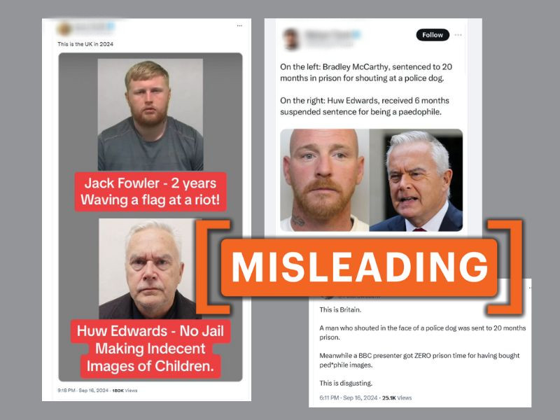 Online posts misleadingly compare U.K. riot jail terms to Huw Edwards' sentence